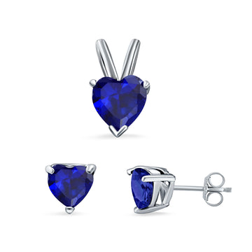 Heart Shape Jewelry Set Pendant Earring Simulated Blue Sapphire Cubic Zirconia 925 Sterling Silver